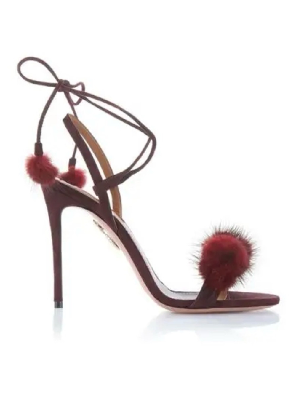 Aquazzura Burgundy Fur Pom-Pom Ankle-Tie Stiletto Sandals